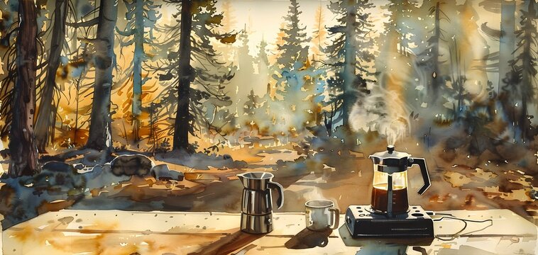A serene forest scene with a coffee setup, capturing the beauty of nature and warmth of freshly brewed coffee.