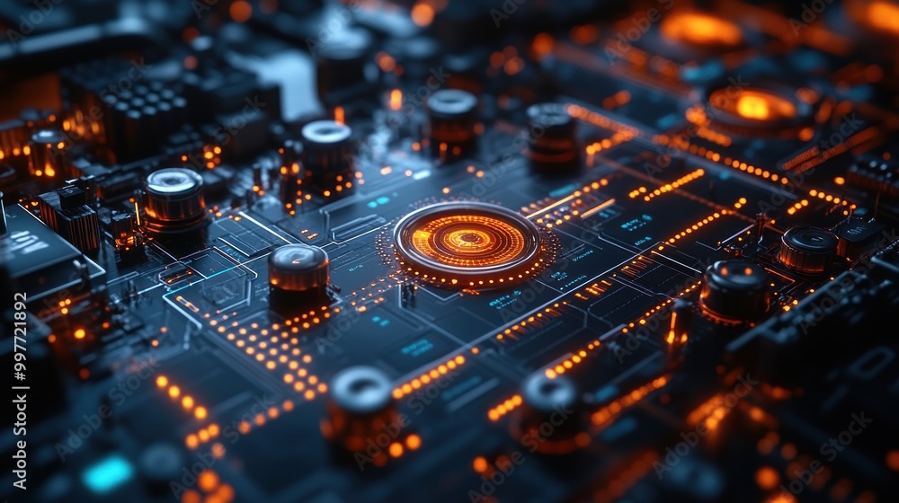 Poster a close-up of a futuristic circuit board with glowing elements.