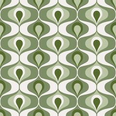 Retro midcentury ogee ovals sage green vector pattern.  Retro 70s geo teardrops pattern, pastel sage green ogee ovals seamless pattern for fabric, wallpaper and wrapping paper.