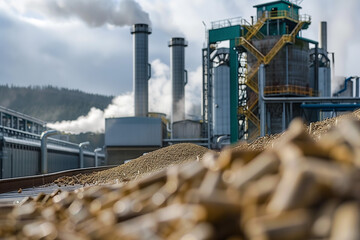 Wood pellet powered plant with rising steam from industrial towers, showcasing renewable energy