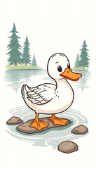 A white duck is standing on a log in a pond