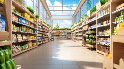 Supermarket aisle with natural light and wooden shelves.