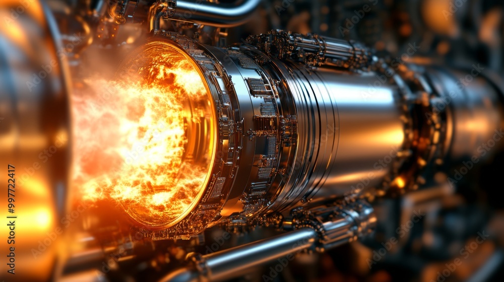 Poster a high-performance jet engine is captured in a close-up view as it ignites, with flames and sparks v