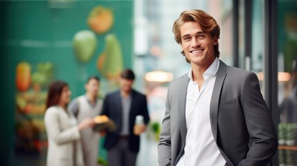A distinguished young businessman in a gray suit stands front and center with a warm smile, while his team engages in the background, emphasizing leadership and approachability.