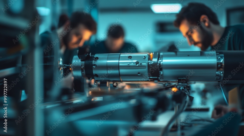 Poster Technicians focus intently on assembling complex machinery in a high-tech laboratory, showcasing modern engineering and collaboration. The environment is filled with innovative tools and technology.