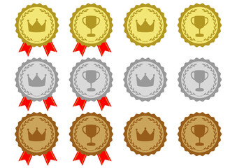 王冠とトロフィーの金銀銅のメダルのフレームイラストのセット
