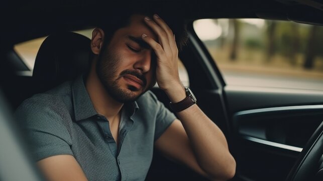A troubled young man, with his hand on his forehead, sits inside his car, reflecting on his stresses as he gazes out, lost in thought.