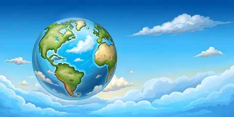 Naklejka premium Cartoon of Earth with a blue sky and fluffy clouds , Earth, cartoon,blue sky, clouds, nature, planet