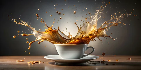 Exploding coffee cup creating a chaotic splash , coffee, chaos, splash, refreshment, beverage, drink, isolated