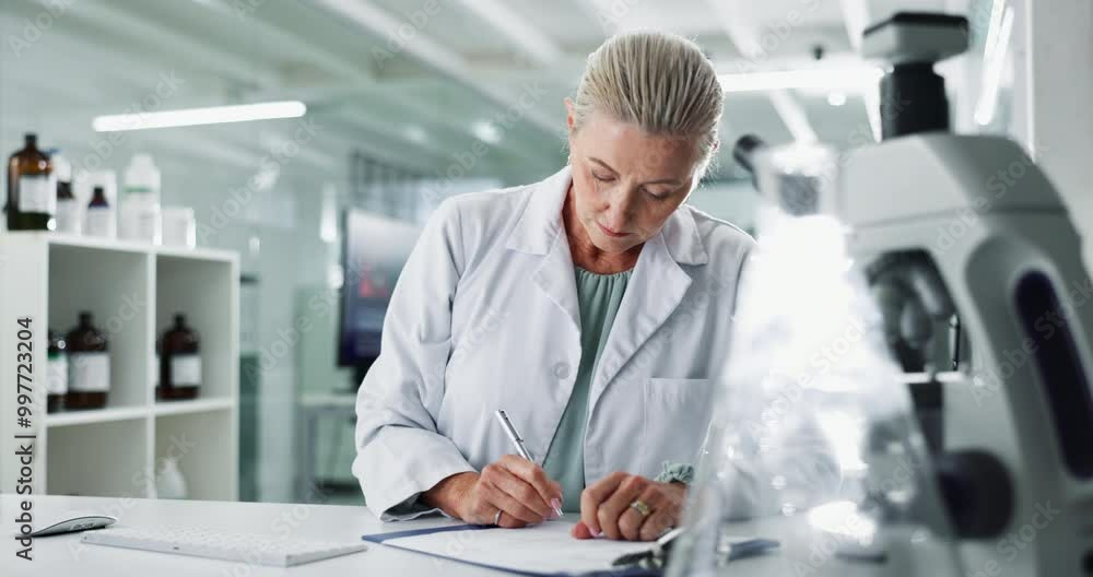 Wall mural Woman, scientist and clipboard in lab for writing, stats and progress in clinical analysis. Mature person, study and research for notes, checklist and admin for vaccine development at pharma company