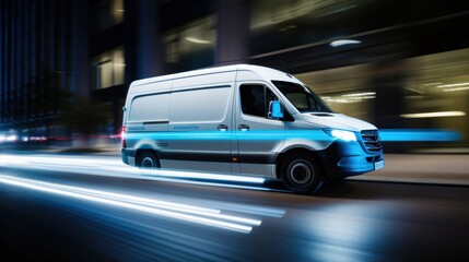 A fast-moving spedition van with glowing lights around it, in a city setting during the night.