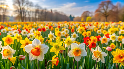 Colorful spring daffodils blooming in the background , daffodils, spring, flowers, yellow, nature, blooming, garden, petals