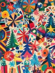 This artwork features a lively blend of Christmas-themed symbols, including trees, stars, gifts, and snowflakes amidst colorful patterns. Generative AI