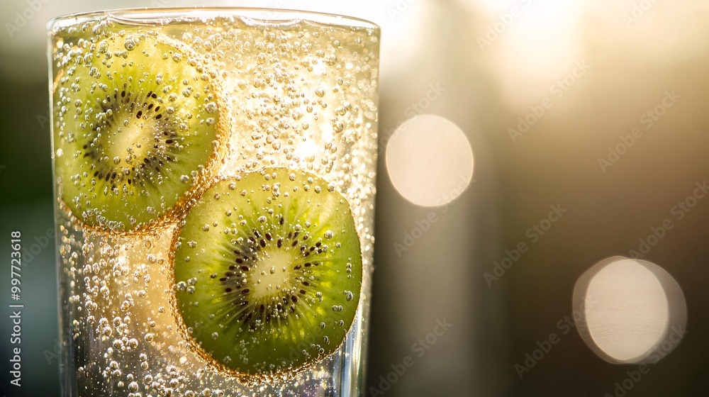 Poster refreshing drink with kiwi slices and bubbles