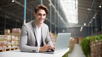A smiling manager in a sleek suit uses a laptop in a spacious, well-lit warehouse, embodying productivity and effective management.