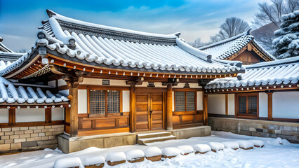 Naklejka premium Korean traditional tile house covered in snow , Korea, traditional, tile house, snow, winter, architecture, oriental, cultural