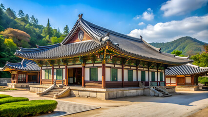 Naklejka premium Korean temple nestled in the countryside , Korea, temple, traditional, architecture, rural, landscape, tranquil, serene