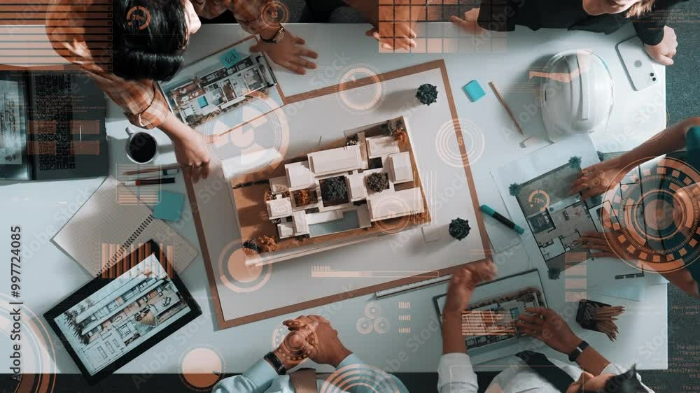 Aufkleber top down aerial view of team clapping hand to celebrate project with financial chart or investment s
