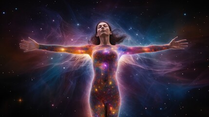 Naklejka premium A woman with an illuminated, starry silhouette stands with arms outstretched, seemingly undertaking a cosmic, astral journey in outer space.