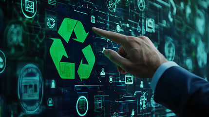 Businessman pointing at green recycle symbol or sign with his finger on digital display screen. Ecology and environment conservation and sustainability concept
