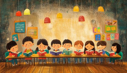 Illustration Children are learning together at school. Illustration Children reading a book. Ilustrasi pencil style texture. Colorful Classroom Scene with Happy Students.