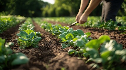 A gardener using a hand tool to aerate the soil in a vegetable patch, rows of leafy greens growing in rich, freshly tilled earth, sunlight illuminating the scene with warm, natural light.