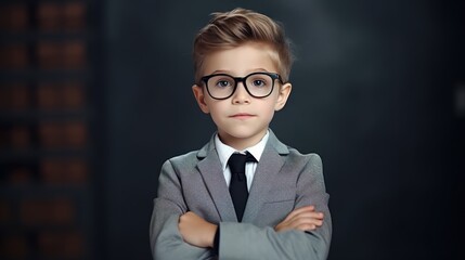 A young boy in a suit and glasses crosses his arms confidently, embodying a serious yet charming attitude fit for a future leader in a scholarly environment.