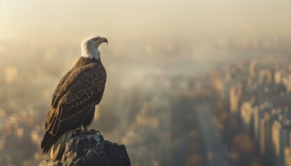 Fototapeta premium Bald Eagle Perched on Rock Against Cityscape