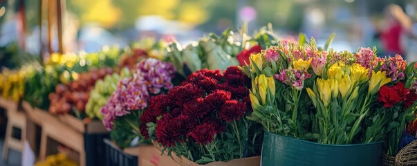 A joyful Sunday spent at a farmers' market, with fresh flowers, organic produce, and happy faces, Sunday market day, local community life