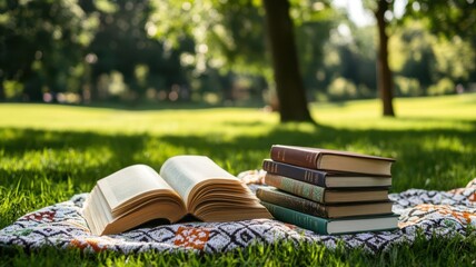 A Sunday spent reading in a park, with a picnic blanket and a stack of favorite books, Sunday reading, peaceful relaxation