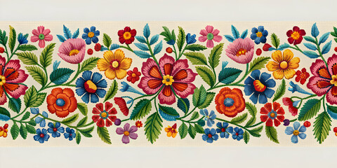 Embroidered floral banner pattern in traditional design for textile art, embroidery, floral, banner, traditional