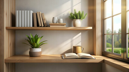 Serene reading nook with open book on wooden shelf , tranquil, space, literature, plant, enthusiasts, cozy, relaxing