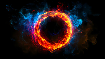 Fototapeta premium A glowing colorful ring of fire on black background, with the letter o in center, red and blue flames swirling around it, creating an enchanting atmosphere. Fire Elemental. Illustration
