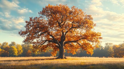 Fototapeta premium Majestic Oak Tree in Autumn Field
