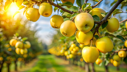 Yellow apples hanging from tree branch in orchard farm garden , apples, yellow, orchard, tree, branch, garden, fresh