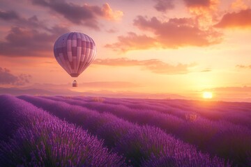 Fototapeta premium Magical Sunset Over Lavender Field with Hot Air Balloon