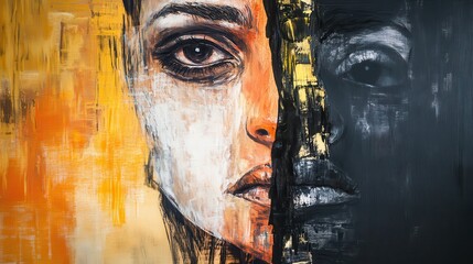 A striking half-portrait artwork, blending vibrant orange and deep black hues, capturing a contemplative expression and emotional depth.