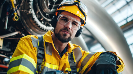 Fototapeta premium A focused engineer in safety gear poses confidently near machinery, showcasing dedication and professionalism in the industrial environment.