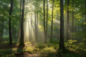 Obraz premium Peaceful Forest with Soft Light Filtering Through Trees