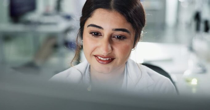 Woman, scientist and online for reading in lab for experimental data, digital innovation and research documentation. Girl, internet and thinking for science, medical analysis and simulation results.