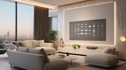 A sleek illuminated smart home control panel in a stylish, modern living room with a panoramic city view, showcasing advanced home technology.