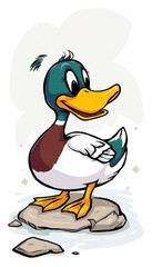 Obraz premium A white duck is standing on a log in a pond