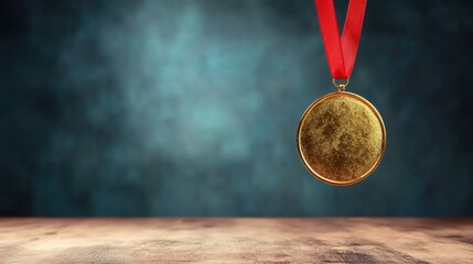 Shiny Gold Medal on Red Ribbon Representing Achievement and Honor
