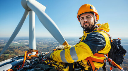 A confident worker in safety gear preparing to service a wind turbine, showcasing renewable energy and teamwork in action.
