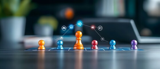 Colorful game pieces on a board with digital elements, symbolizing strategy, teamwork, and communication in a modern setting.