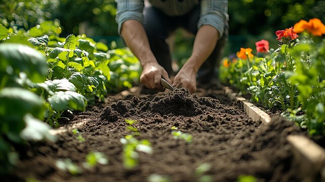 A gardener working in a raised garden bed, loosening the soil with a hand tool, the rich earth ready for planting, with sunlight illuminating the surrounding green plants and colorful flowers.
