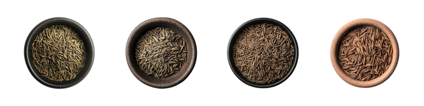 Set of cumin seeds in bowl isolated on white background