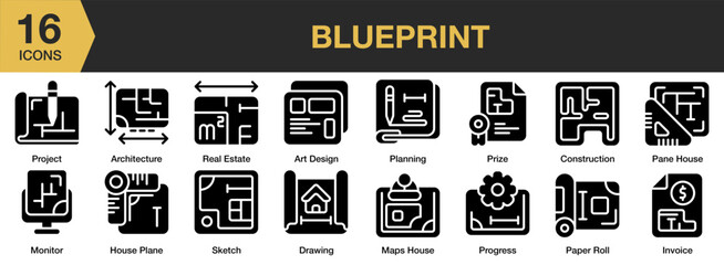 Blueprint solid icon set. Includes architecture, art design, construction, drawing, house plan, and More. Solid icons vector collection.