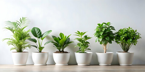 Obraz premium Set of green leafy potted plants in white ceramic pots, potted plants, green leaves, white ceramic pot, isolated