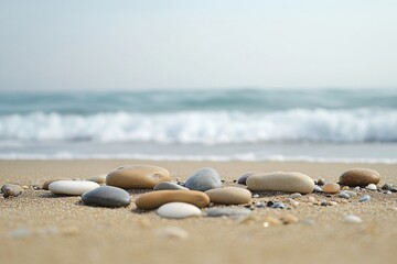 Tranquil Beach Scene with Smooth Stones by Water's Edge